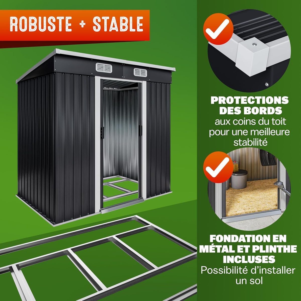 GARDEBRUK Abri de Jardin métal L 2m² Fondation 200x125x185cm Porte coulissante Anthracite cabane de Jardin cabanon Rangement Outils 3,4m³