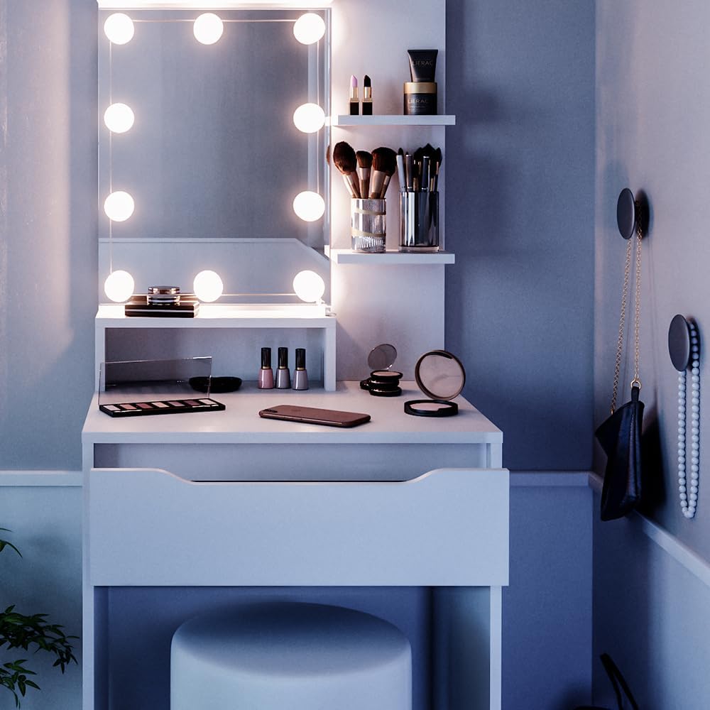 Vicco Coiffeuse Ruben, Blanc, 60 cm avec éclairage LED et Tabouret