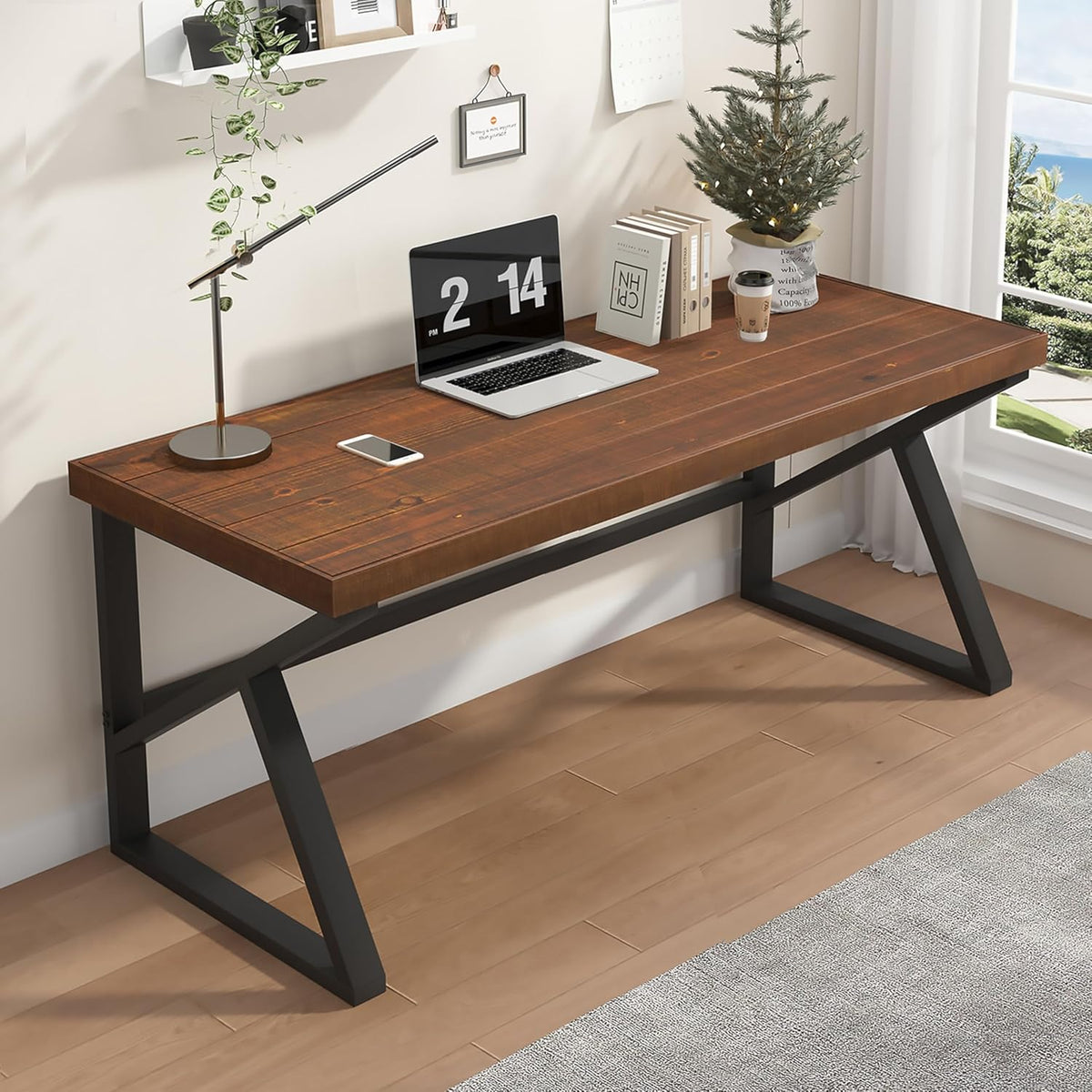 IBF Bureau d'Ordinateur Minimaliste en Bois Véritable Naturel Bureaux Rustique pour Bureau Table de Travail en Bois Industriel Vintage Marron 152 cm