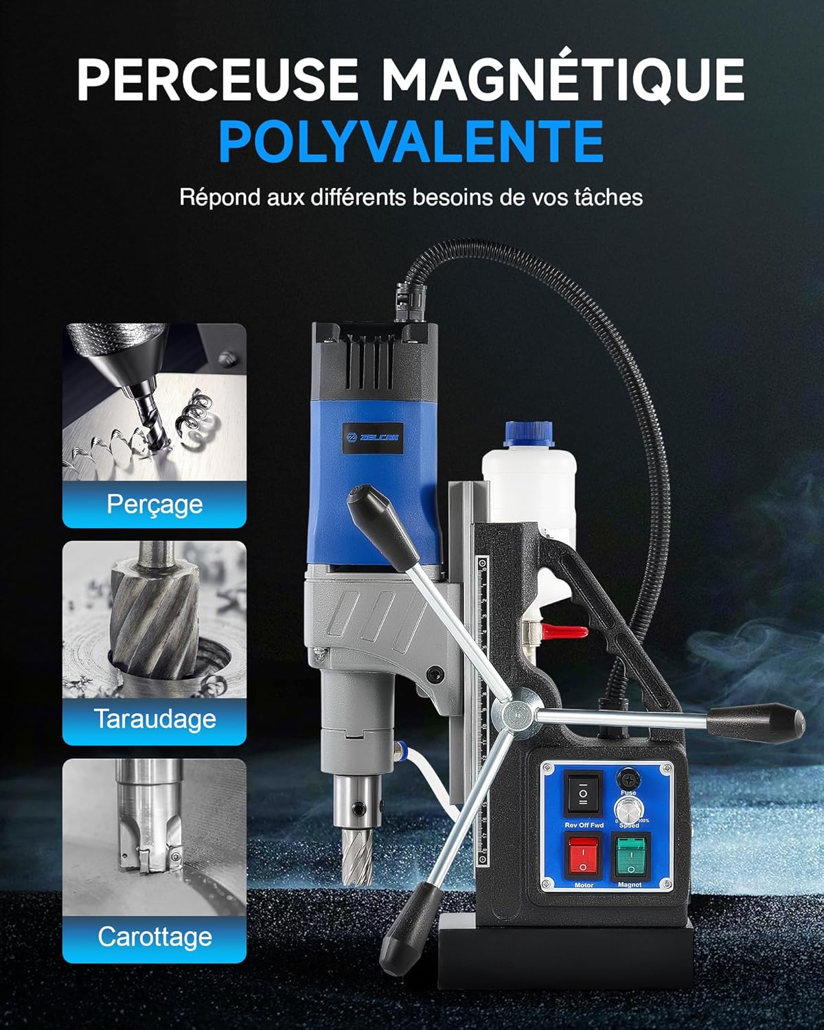 ZELCAN Perceuse Magnétique avec 6 Forets Perceuse à Colonne Électrique Portable 1550W 13000N 580 tr/min Max. Diamètre d'Alésage 50mm Max. Profondeur d'Alésage 50mm