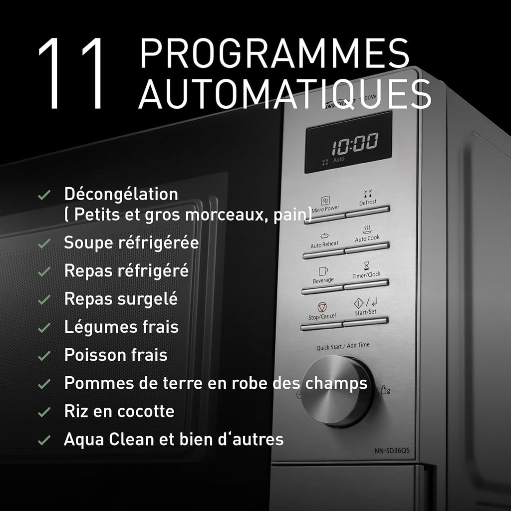 Panasonic NN-SD36QSEPG 29L Four à Micro-Ondes Solo en acier inoxydable, 1000W, Décongélation Automatique, 11 Programmes Automatiques, Molette