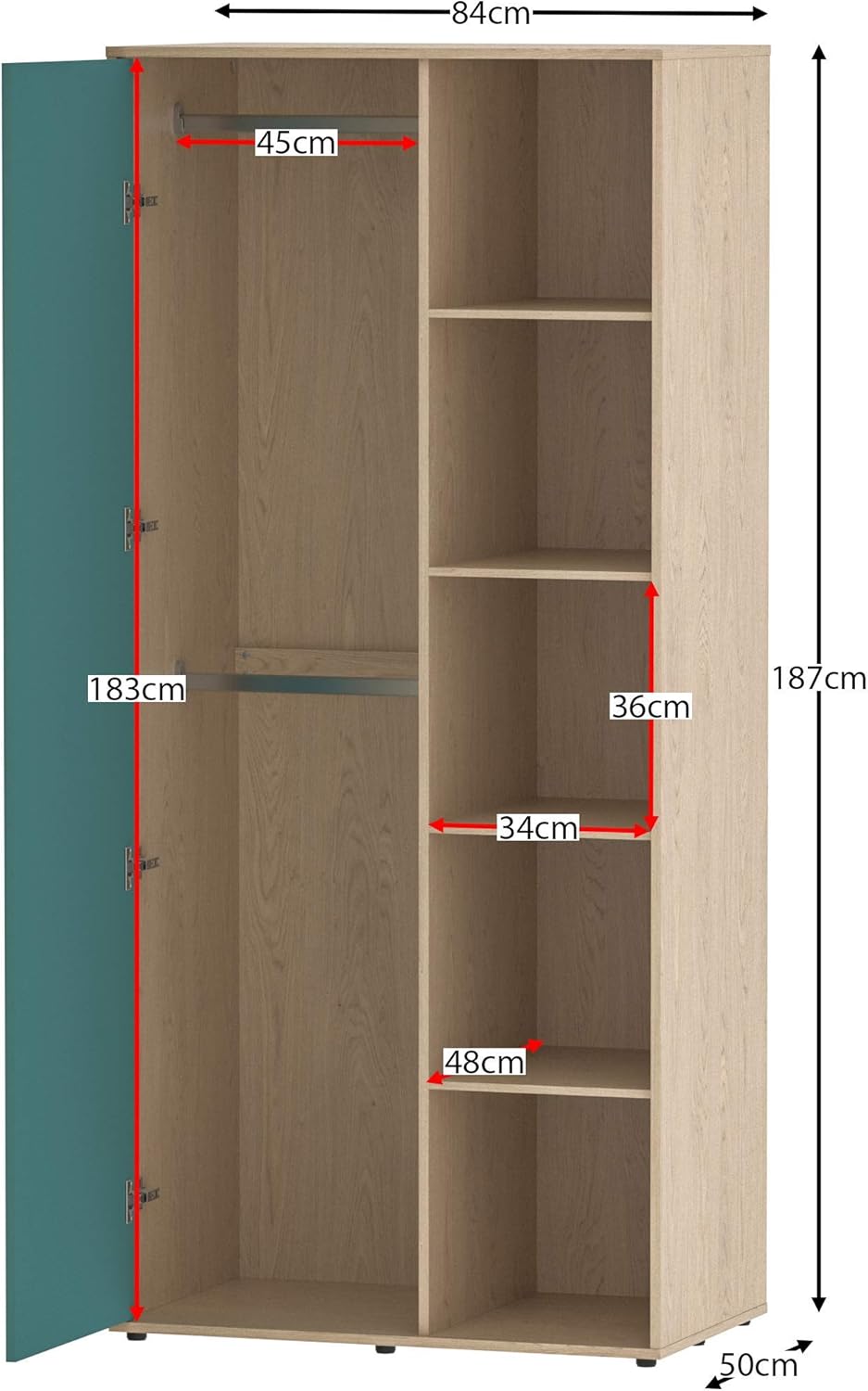 Junior Vida Neptune Ensemble de meubles de chambre à coucher 3 pièces avec table de chevet à 2 tiroirs, commode à 5 tiroirs, armoire à 1 porte (bleu et chêne)