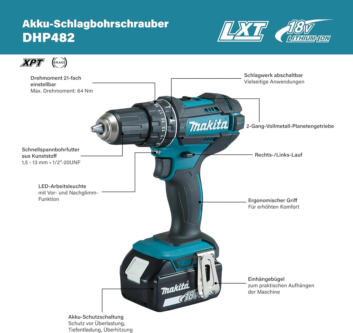 Perceuse à percussion 18V LXT (2x3,0 Ah) avec accessoires - DHP482RFX9