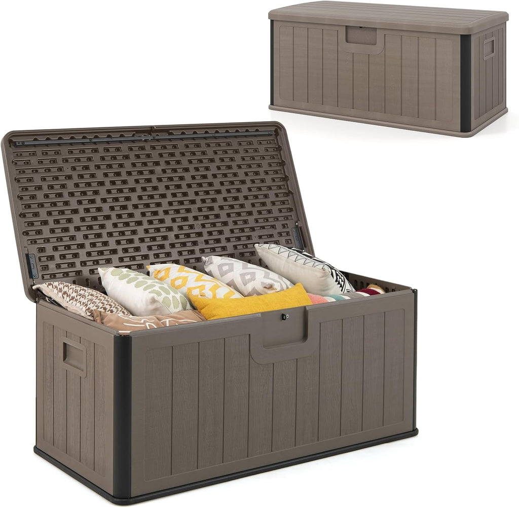 HOMASIS 378L Coffre de Rangement Imperméable, Banc de Rangement en Résine avec Couvercle Verrouillable, Armoire de Jardin pour Intérieur et Extérieur, Charge 200 KG, 130 x 64 x 59 cm (marron)