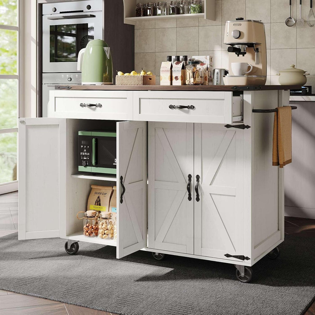 PUGSDRLY Desserte de Cuisine à Roulettes, Buffet Meuble avec 2 Tiroirs et 4 Portes, Armoire de Cuisine, Plateau de Table Pliable