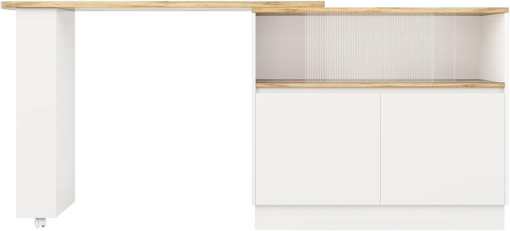 KOMHTOM Table de Bar Extensible avec Espace de Rangement, Meuble Bar avec 2 Portes en Verre, Rotation Libre à 360 °, étagères latérales (Blanc)