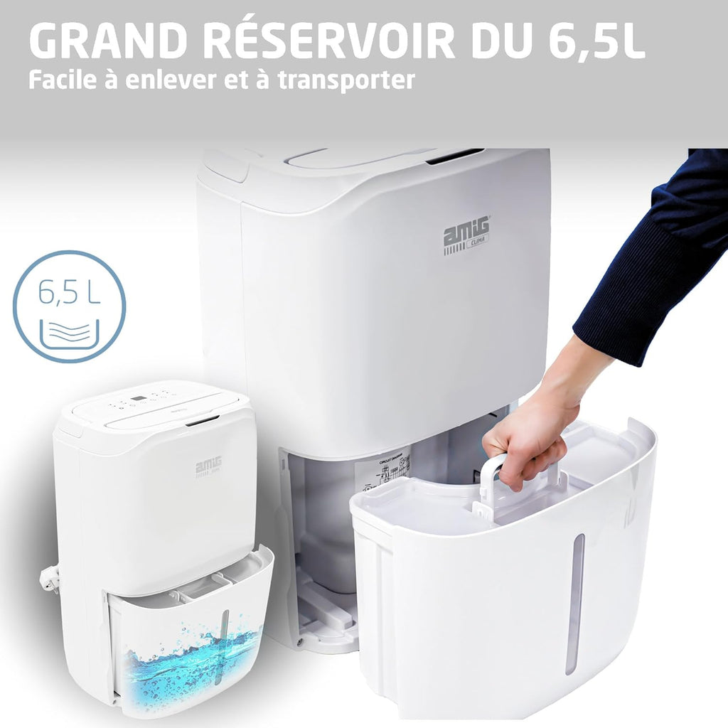 Amig - Déshumidificateur MIST | Capacité 20L/Jour | Régulation de l'humidité et minuterie | Réservoir d'eau amovible 6,5L | 36x28x56 cm | 260W | Couverture 165m³/h | Silencieux 45 dB | Séchage linge
