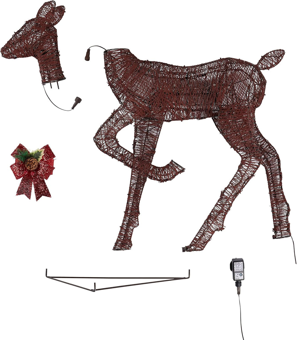 Lights4fun Déco Biche et Faon de Noël en Fils de Coton Marron avec LED Blanc Chaud pour Extérieur