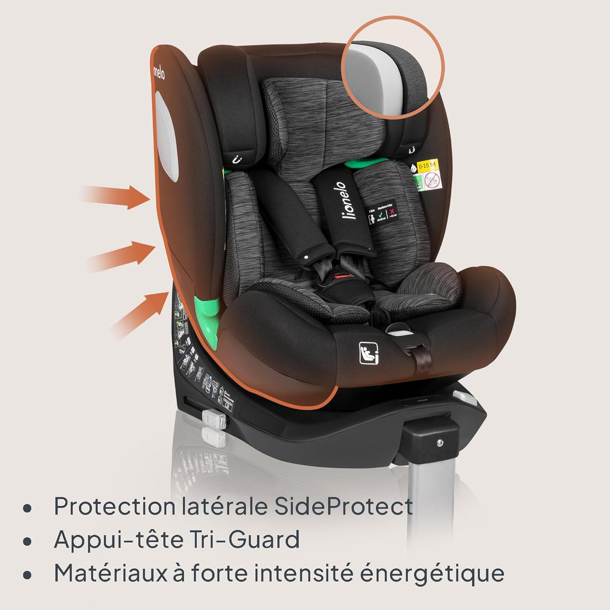 LIONELO Braam siege auto de 0 à 36 kg, jambe de force et Isofix ou ceintures de sécurité de voiture, rotation à 360 degrés face à la route ou dos à la route (Carbone Noir, BRAAM)