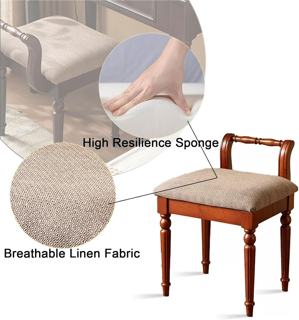 Tabouret de coiffeuse rétro avec siège rembourré confortable et pieds en bois massif pour femme, capacité de 108,9 kg, chaise de maquillage élégante (pieds blancs sans dossier)