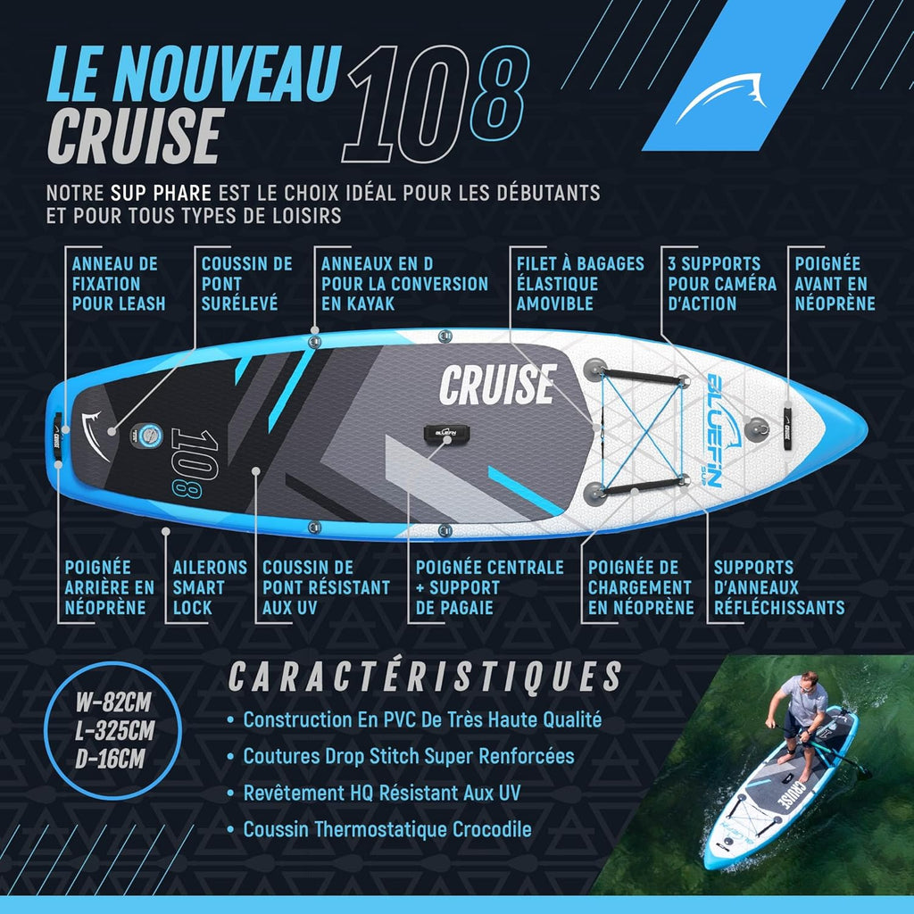 Planche Gonflable Bluefin SUP Cruise 10'8 - Planche de Sup Adulte - Facile à Transporter - Kit de Paddle Complet - Accessoires Sup Inclus