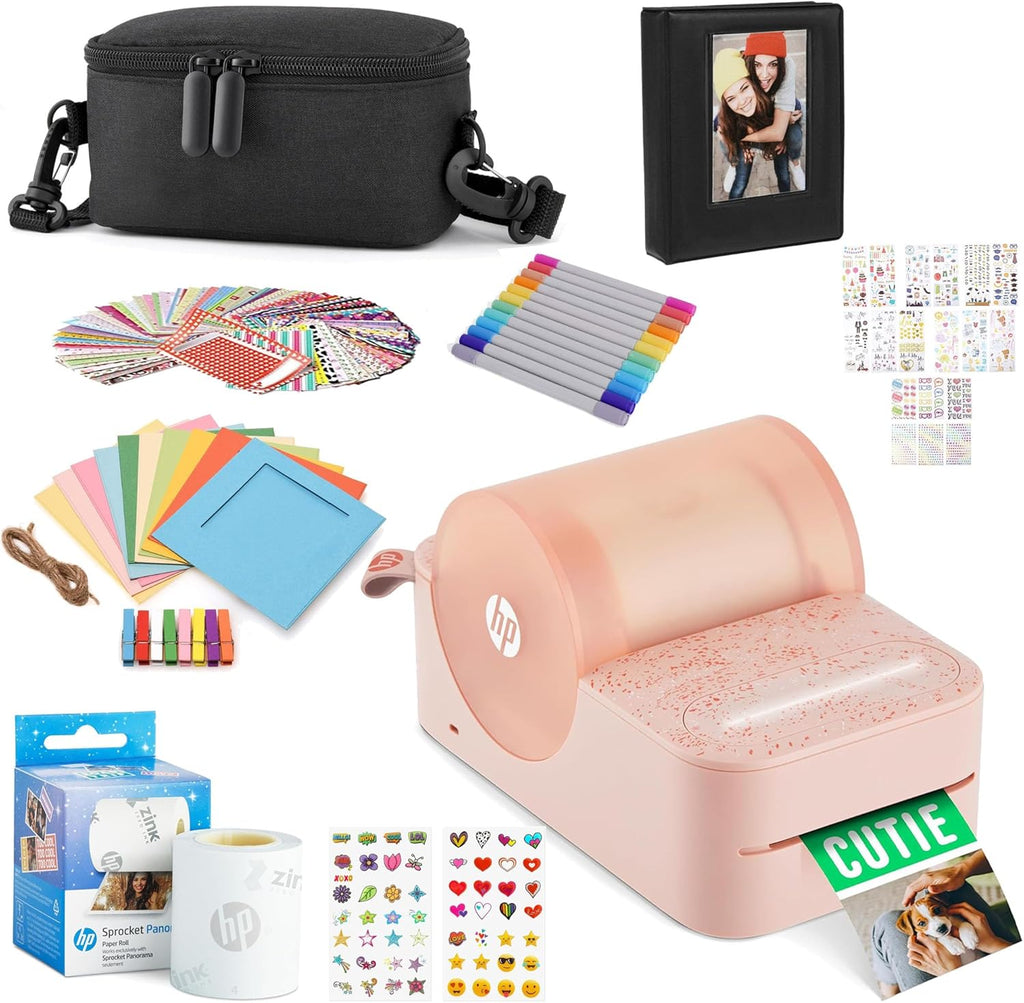Sprocket Panorama Imprimante Photo et étiquettes Couleur Portable instantanée (Rose) Coffret Cadeau avec étui, Rouleau Zink, Album Photo, marqueurs, Autocollants et Cadres