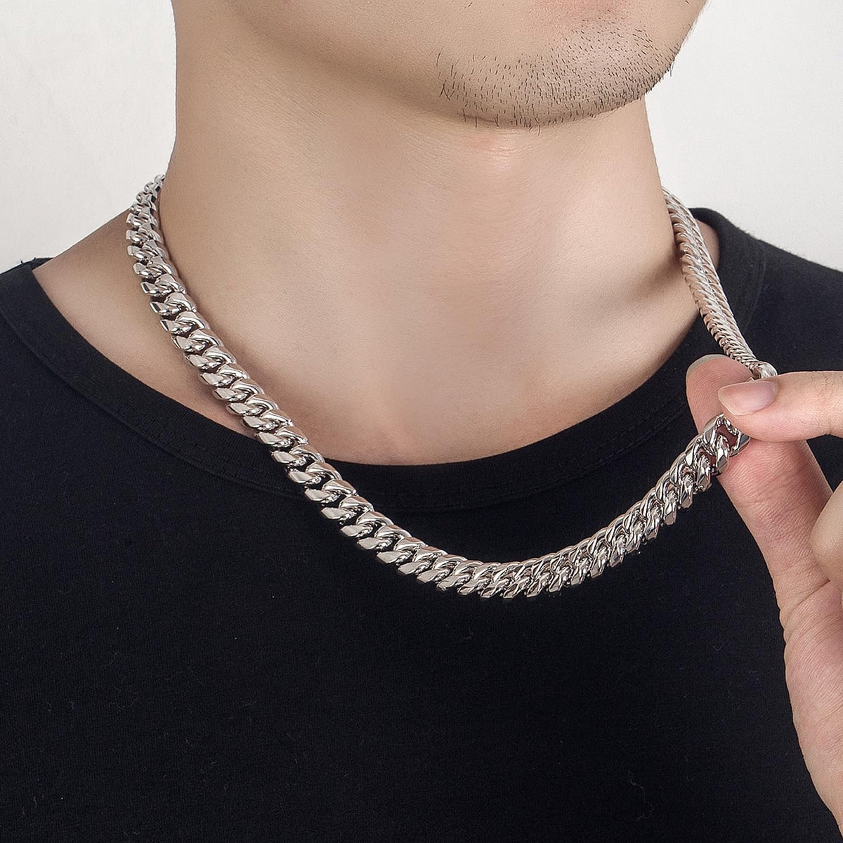 Dankadi Collier Cubain Large 8-10-12MM Massif en 925 Argent, Chaîne Cubaine Maille Lisse et Cannelure 16" à 30" Cadeau de Bijoux Classique Rock Punk Hip Pop Miami pour Homme