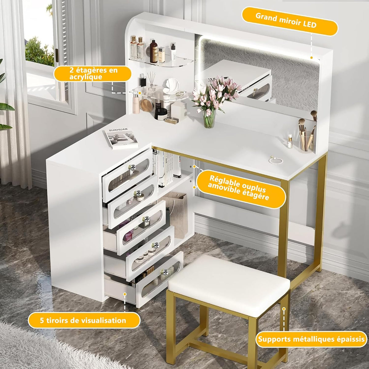 Coiffeuse avec Miroir Réglable LED et Tabouret, Coiffeuse d'angle en L, Commode Moderne avec 5 tiroirs et 2 étageres enacrylique, pour Chambre à Coucher, Salon, Blanc