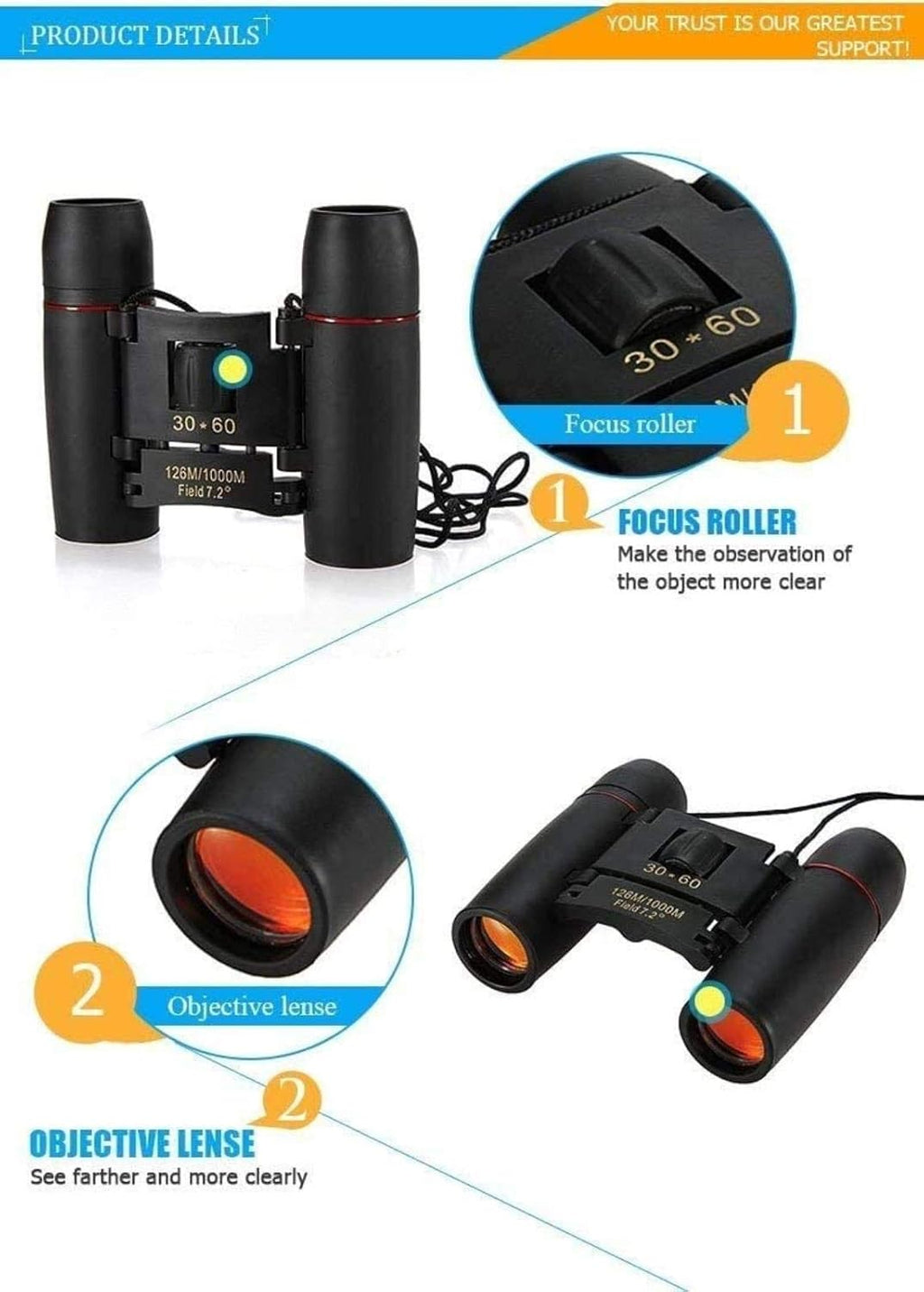 Télescope Jumelles Haute Puissance 30x60 Jour et Nuit Camping Voyage Vision Longue-Vue 126m / 1000m Jumelles Pliantes Optiques Télescope intérieur/extérieur