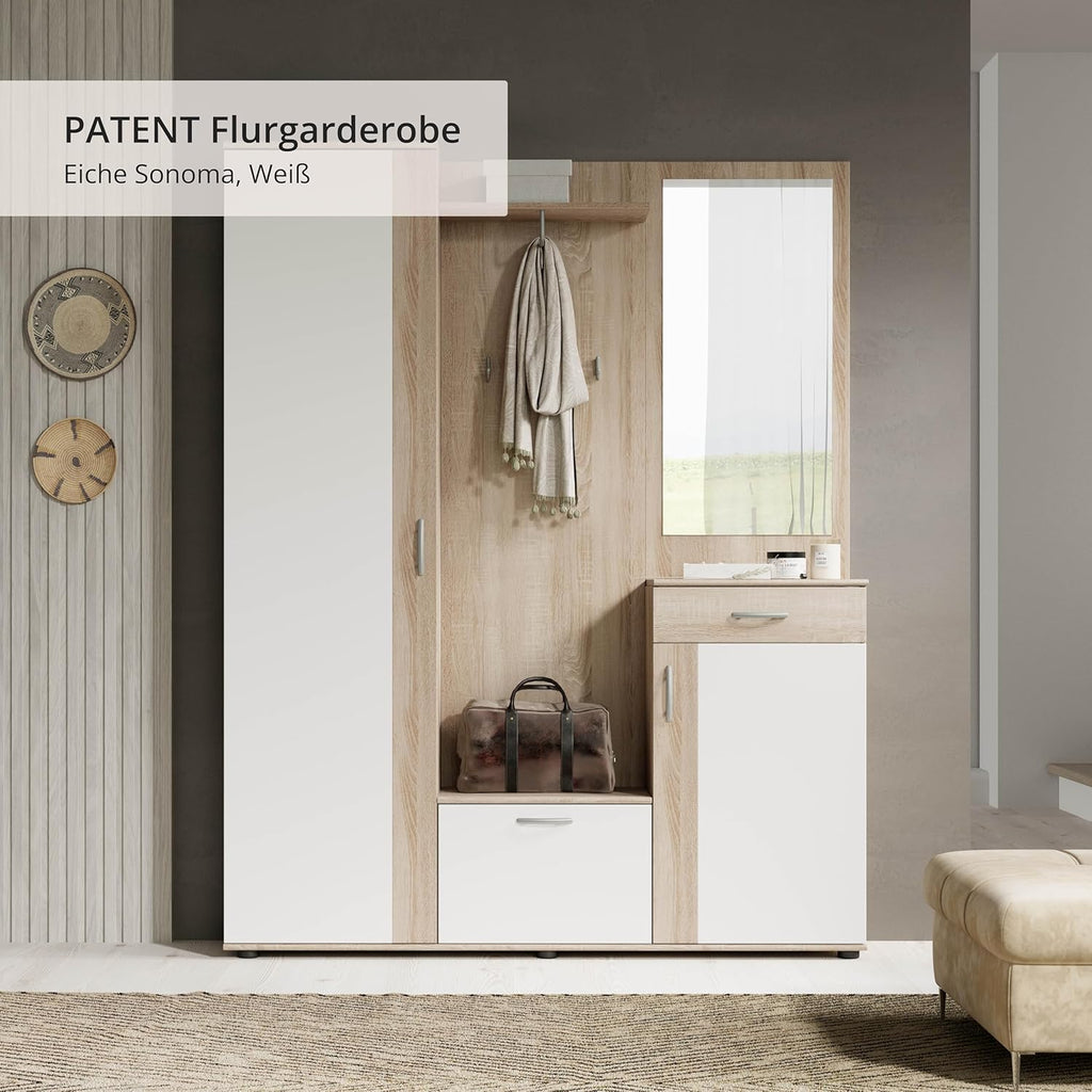 Stella Trading PATENT Ensemble de vestiaires d'entrée en aspect chêne Sonoma, blanc - Vestiaire compact stylé avec miroir pour votre entrée - 145 x 184 x 29 cm (L/H/P), marron