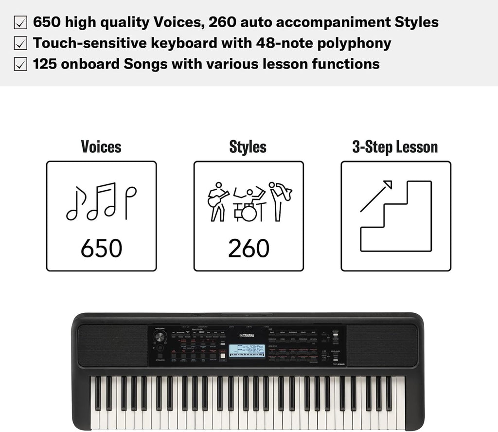 Yamaha PSR-E383 Clavier portable pour débutants, 650 voix d'instruments authentiques avec touches tactiles et une polyphonie de 48 notes