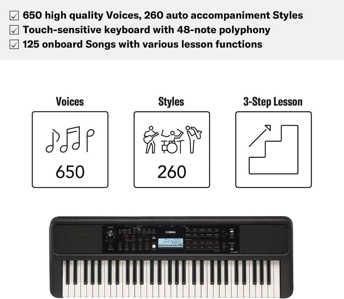Yamaha PSR-E383 Clavier portable pour débutants, 650 voix d'instruments authentiques avec touches tactiles et une polyphonie de 48 notes