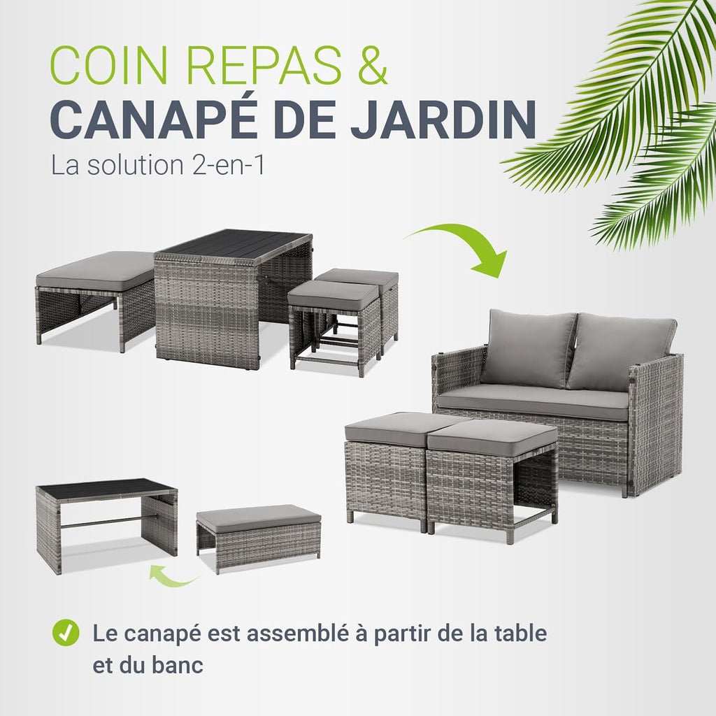 Juskys Ensemble mobilier de Jardin 2 en 1 en polyrotin Jamaika - Table, canapé Lounge - Salon de Balcon ou d’extérieur Gris chiné