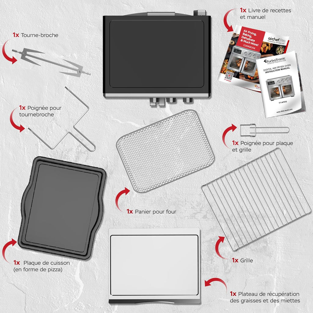 TurboTronic Mini four, four à air chaud 4 en 1 et friteuse à air chaud, version XXL 32 L, y compris tournebroche et de nombreux accessoires, plaque de cuisson, déshydrateur à partir de 25 °C & grill