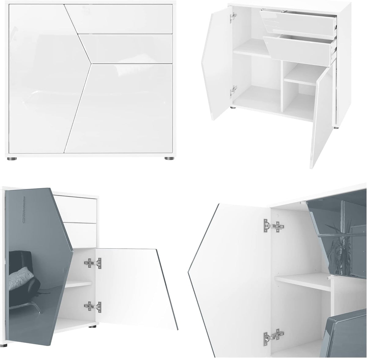 Vladon Buffet Benny, Commode avec 2 Portes et 2 tiroirs, Blanc Mat/Blanc Haute Brillance (79 x 74 x 36 cm)