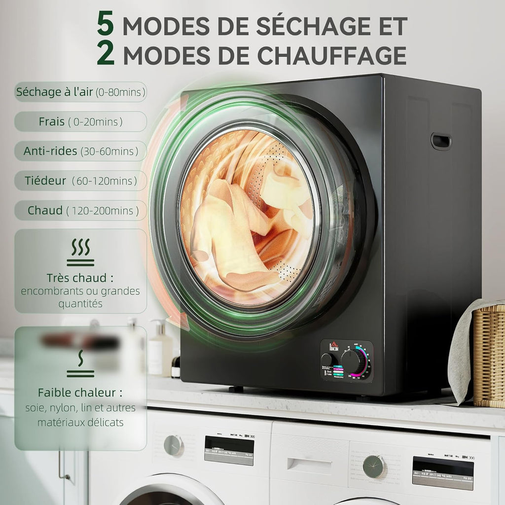 HOMCOM Sèche-linge à évacuation portable, sèche-linge électrique 850 W, 4 Kg, 4 modes de séchage, 2 niveaux de chauffage, cuve en acier inoxydable, installation murale, pour appartement dortoir, noir