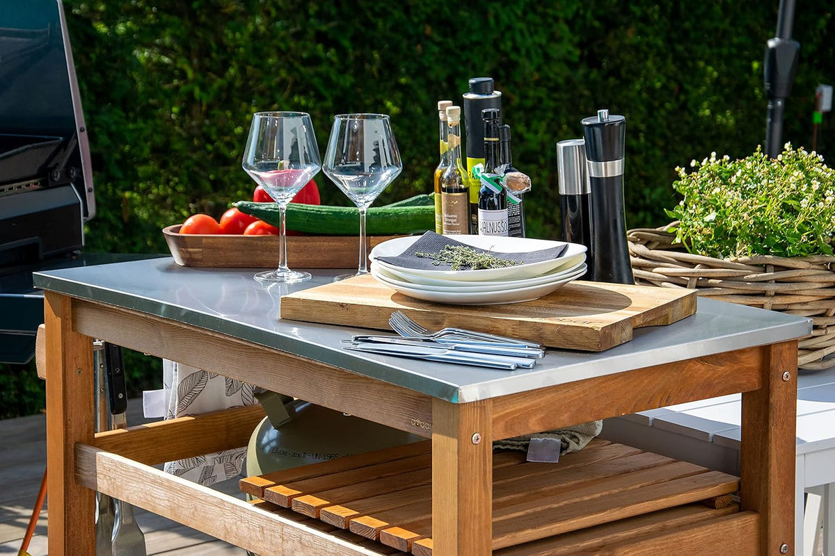 dobar 35540FSCe Desserte à roulettes d'extérieur avec Plateau en Acier Inoxydable 94 x 58 x 90 cm Pin Marron