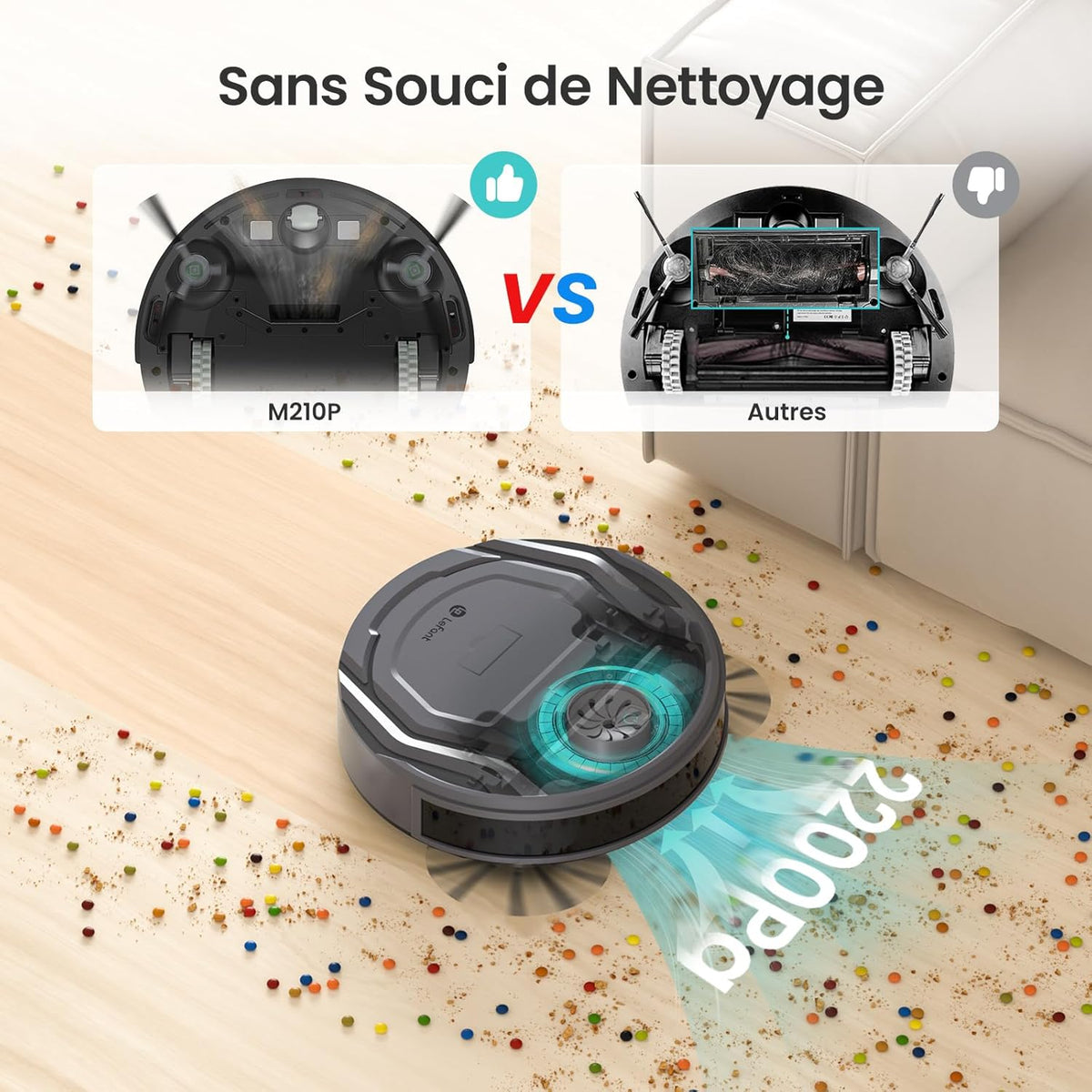 Lefant Aspirateur Robot, Mince Silencieux Connecté WiFi-Bluetooth-Alexa-App, 6 Modes de Nettoyage, Auto-Charge, 120min d'Autonomie, Idéal pour Poils d'animaux Sols Tapis, M210P Girs