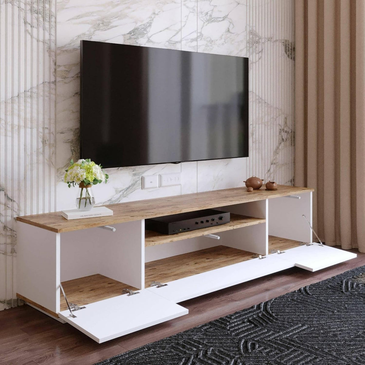 Dmora - Meuble TV Sinope, Buffet de Salon, Armoire Basse pour TV, Base Murale de Rangement, 180x45h45 cm, Chêne et Blanc