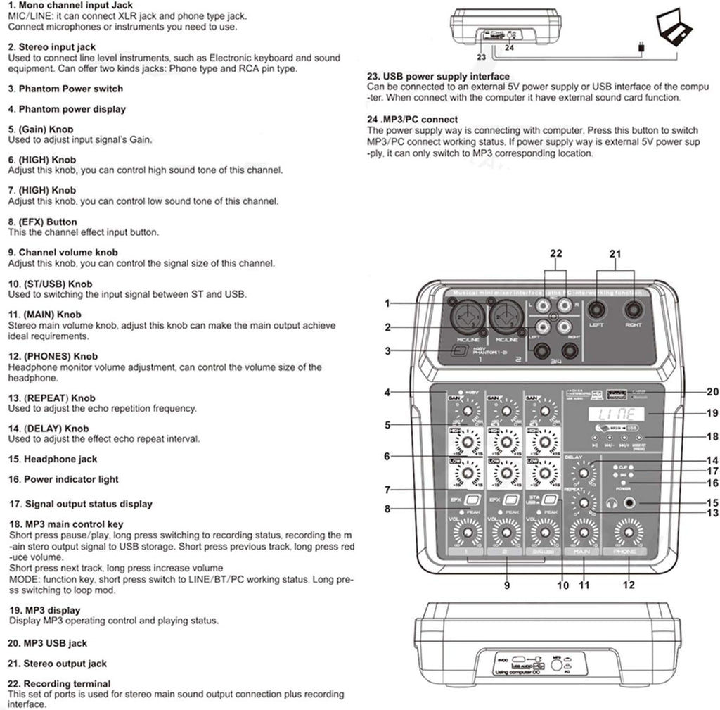 Mixeur audio, Interface de contrôleur de son DJ for mixeurs en direct avec clé USB for enregistrement sur ordinateur Mixeur audio de studio 4/6 canaux Professionnel et débutant, 6 canaux(4 Channel)