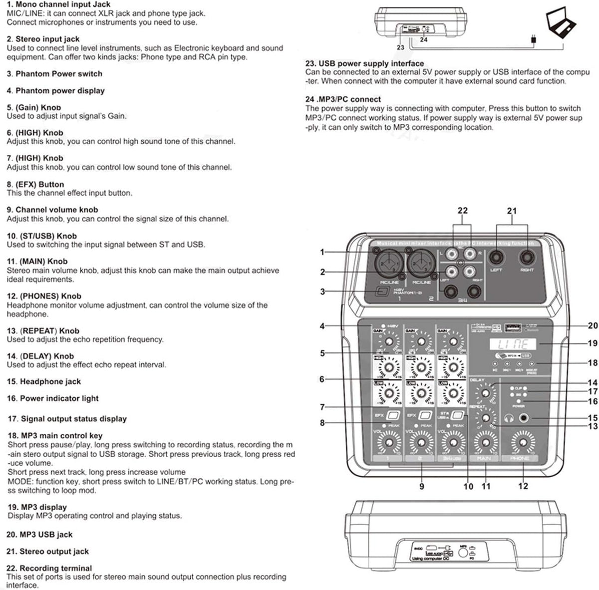 Mixeur audio, Interface de contrôleur de son DJ for mixeurs en direct avec clé USB for enregistrement sur ordinateur Mixeur audio de studio 4/6 canaux Professionnel et débutant, 6 canaux(4 Channel)