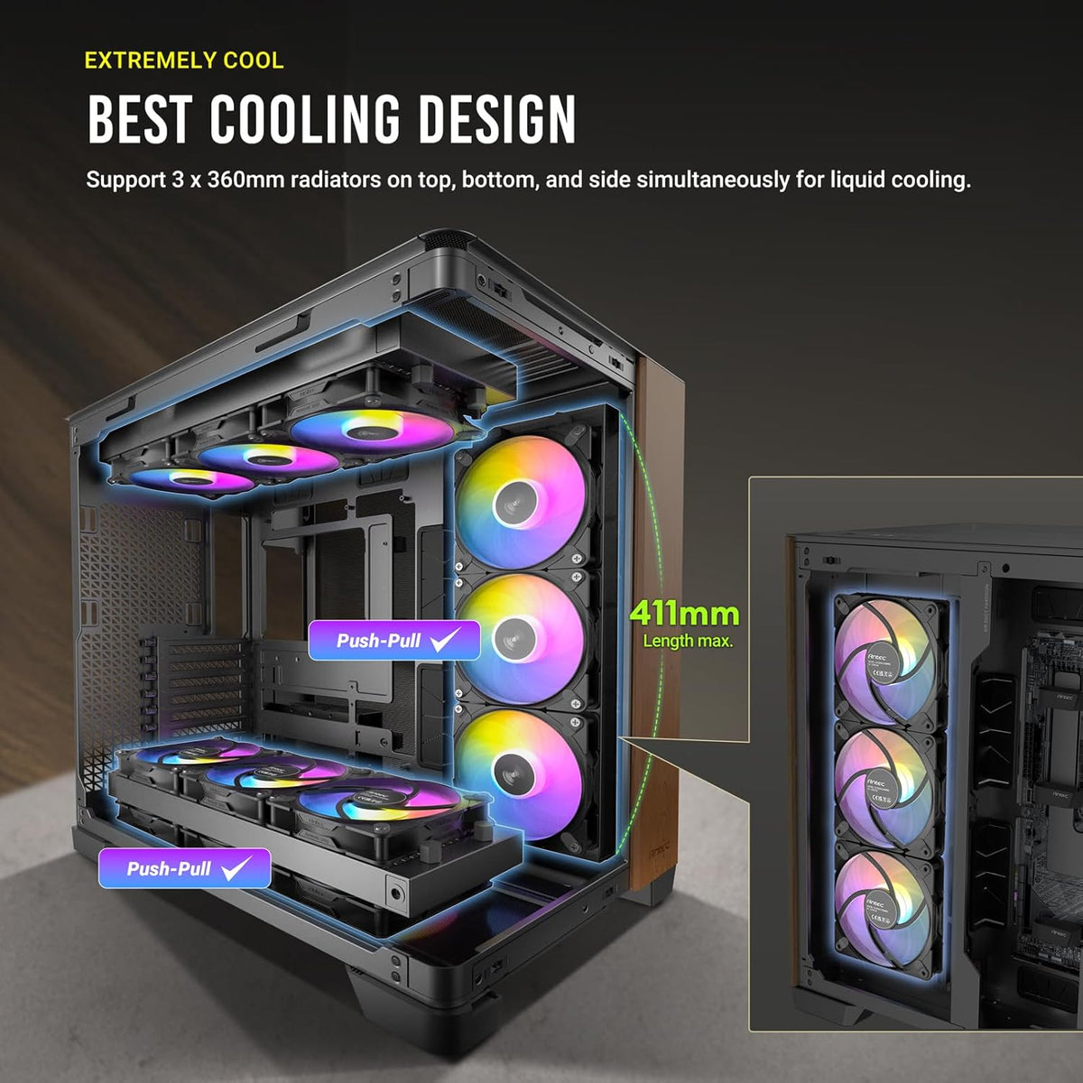 Antec C8 Curve Wood Boîtier PC E-ATX à tour complet, panneau avant en bois, verre incurvé simple super grand angle, disposition double chambre, type C, support de radiateur 360 mm, compatible RTX 40
