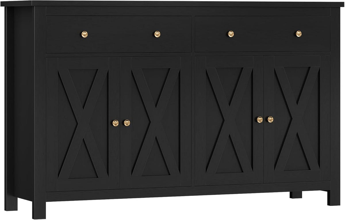 FirFurd Buffet Cuisine Meuble de Cuisine Rangement Buffet avec 4 Portes 2 Tiroirs Étagères Réglables Meuble de Rangement pour Salon Salle à Manger 140x40x89 cm Noir