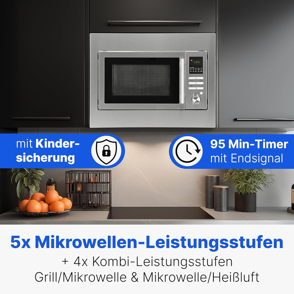 Bomann Micro-ondes encastrable 3en1 | gril et air chaud, | Microwave | 25 L | 10 programmes automatiques | grille et plateau tournant inclus (Ø 32 cm)| 900 watts | acier inoxydable | MWG 2216 H EB