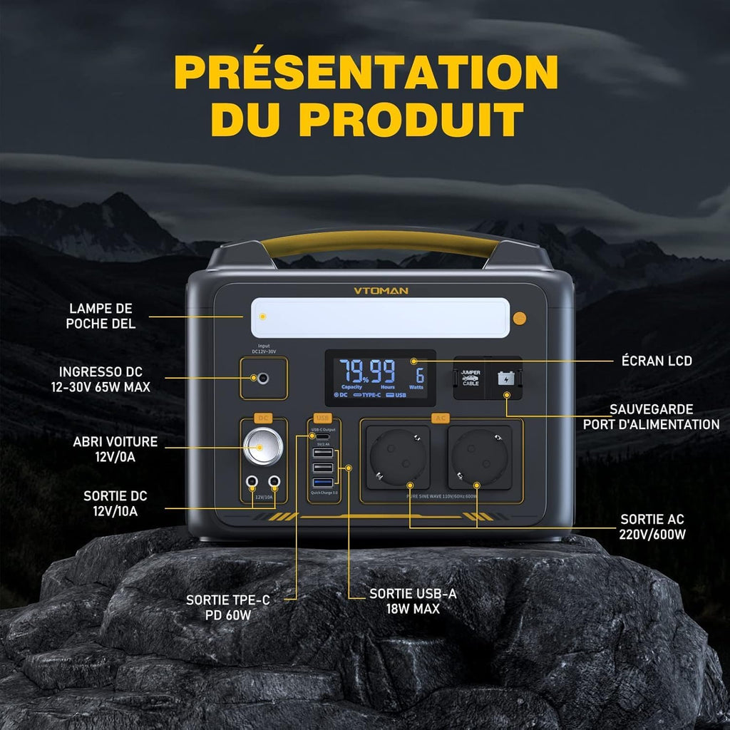 VTOMAN Jump 600X Station électrique Portable 600W - 299Wh Generateur Electrique Portable LiFePO4 Batterie Générateur, Dual PD 60W Typ-C Sortie, Capacité Extensible à 939Wh pour Camping Extérieur