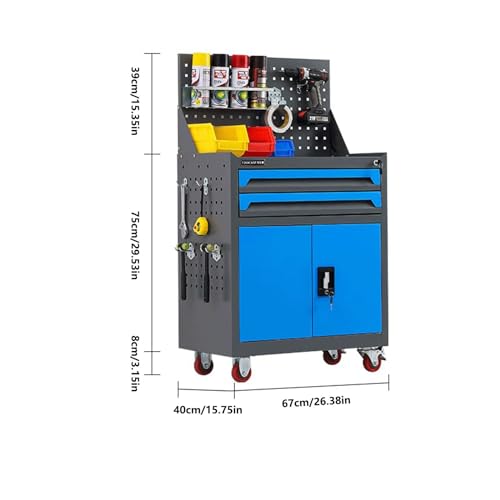 Rangement des outils Coffre à outils roulant haute capacité 2 tiroirs, boîte de rangement avec armoire amovible roues et serrure pour atelie