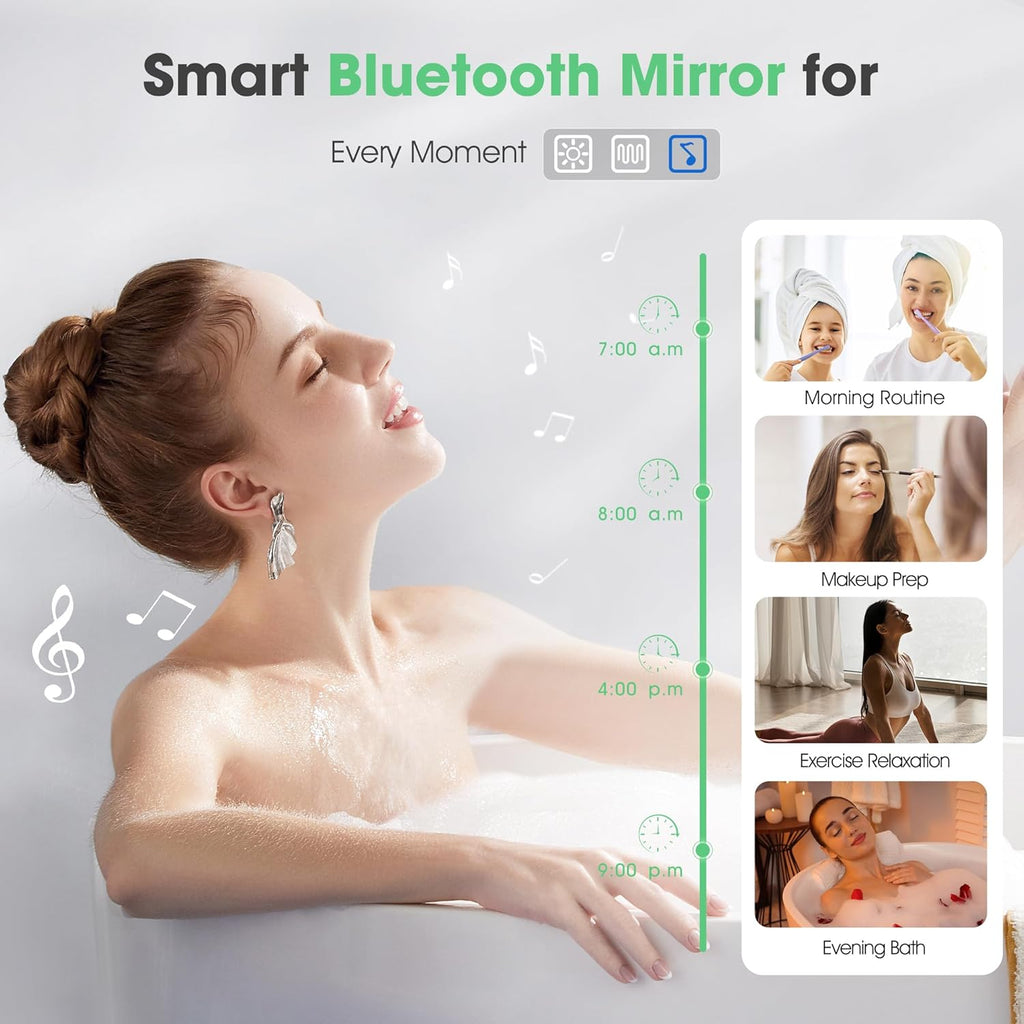 S'bagno Bluetooth-Miroir-Salle-de-Bain-avec-Eclairage-120x70cm, Miroir-LED-Salle-de-Bain Anti-buée, 3000K-6500K, Dimmable, Mémoire, Verre trempé HD, IP44-Miroir-Salle-de-Bain-Led, Horizontal/Vertical