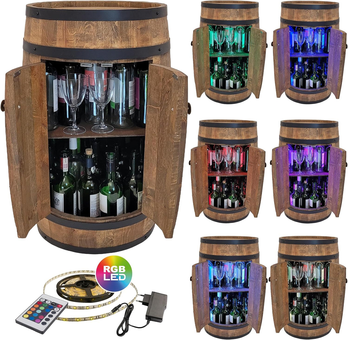 weeco Tonneau en Bois avec LED RGB et Deux Étagères – Mini Bar avec Portes – Couleur Wenge, Brun Foncé – Dimensions 80x50cm
