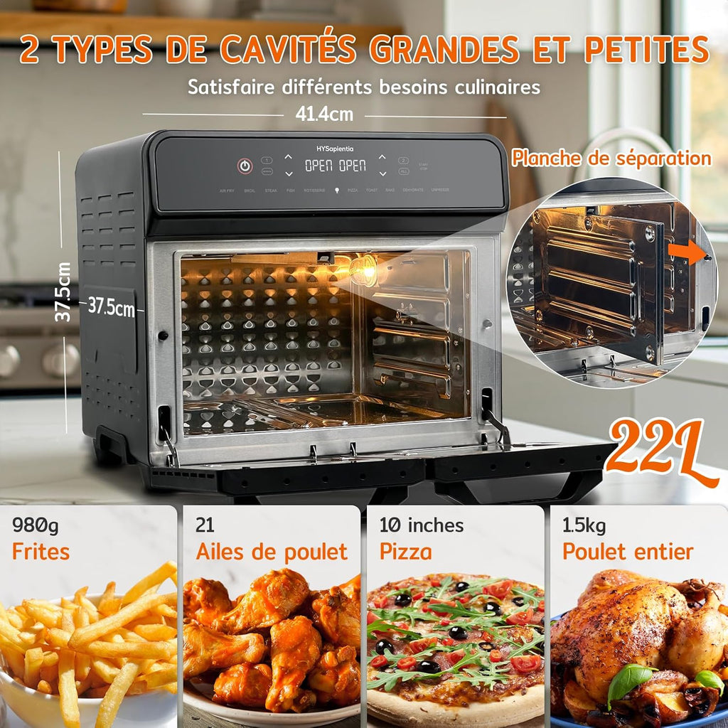 HYSapientia 22L friteuse à air chaud 2 chambres, mini-four à convection,écran tactile LED, 10 programmes friteuse sans huile Dual Zone Air Fryer Oven, aciers inoxydables, Airfryer xxl