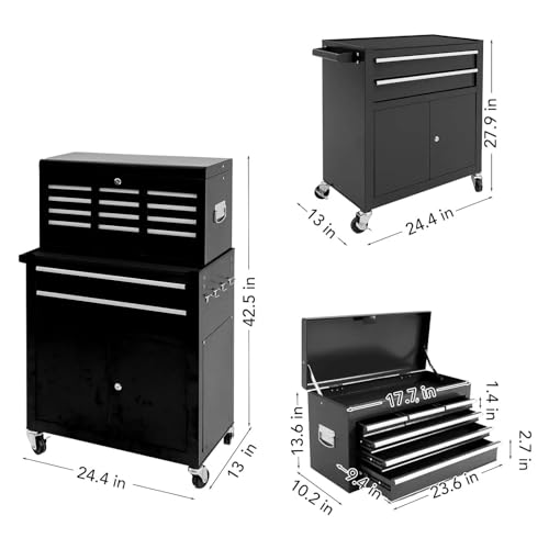 Coffret à outils Coffre à outils roulant avec 8 tiroirs et boîte supérieure amovible, organisateur de rangement d'outils mobile en acier