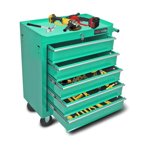 Coffret à outils Armoires à outils 5 tiroirs sur roulettes, coffre roulant avec, boîte système de verrouillage clé, atelier(Green)