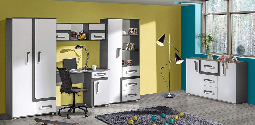 Mirjan24 Apetito XV Ensemble complet pour chambre d'adolescent 5 pièces comprenant une armoire, une étagère, une commode, un bureau, une étagère suspendue (anthracite/blanc)