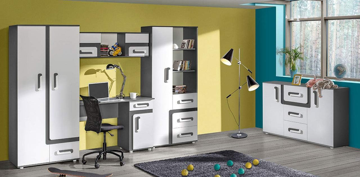 Mirjan24 Apetito XV Ensemble complet pour chambre d'adolescent 5 pièces comprenant une armoire, une étagère, une commode, un bureau, une étagère suspendue (anthracite/blanc)