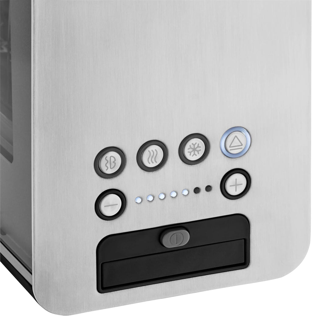 WMF Lono Grille-pain vitré avec grille réchauffe-viennoiseries, 2 tranches, XXL, support motorisé, fonction réchauffage, 7 niveaux de brunissage, grille-pain en acier inoxydable mat