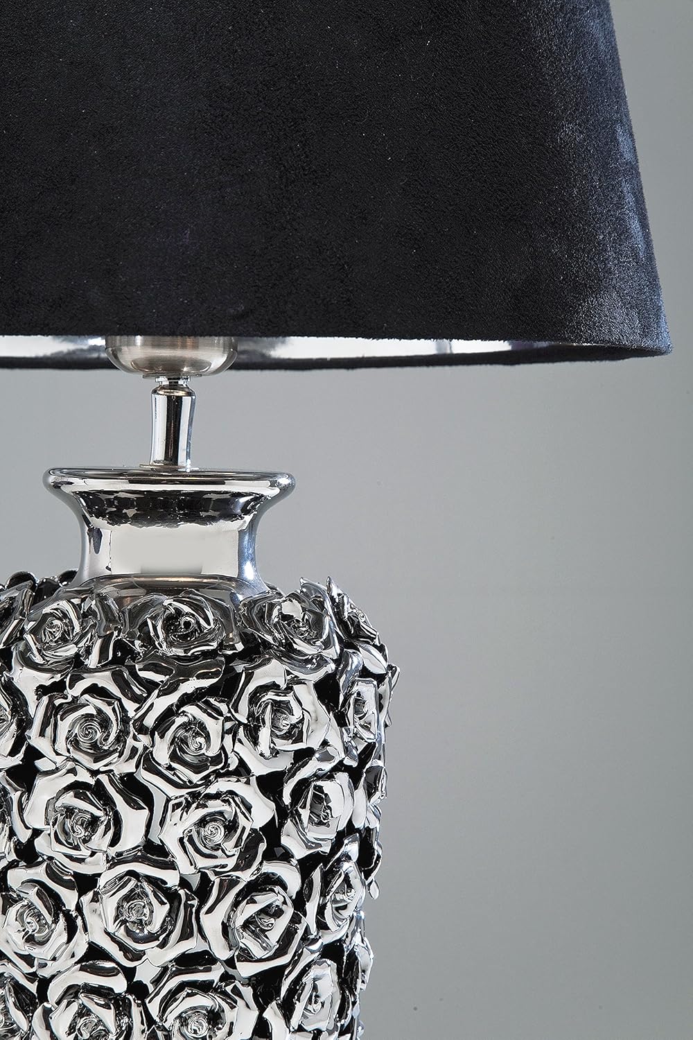 Kare Design Lampe à Poser Rose, Noir/Argent, Faïence, Motif de Roses, Lampe de Table, Lampe Salon, Deco Intérieur, Décoration Chambre, Couloir, 59x34x34 cm Ampoule Non Incluse