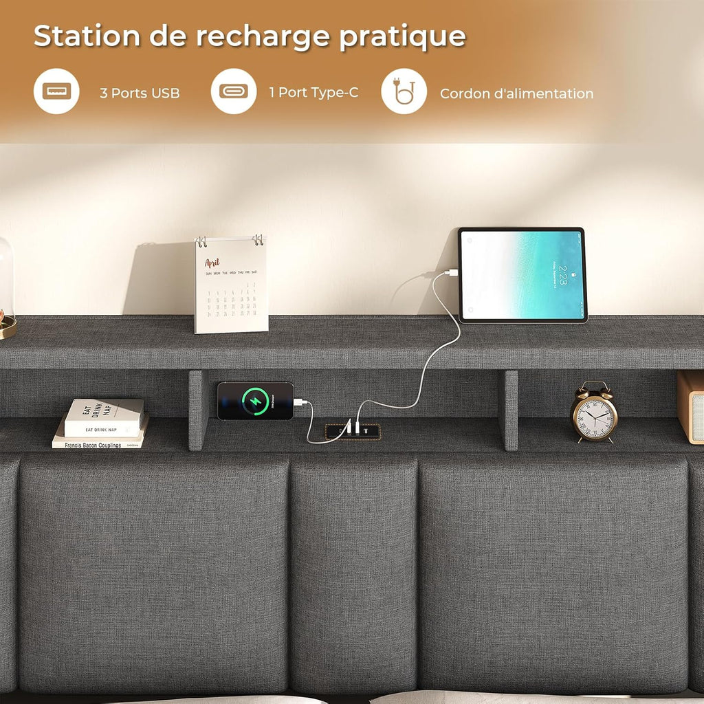 AOGLLATI Lit Coffre 140x190 CM, Lit Double avec LED et Ports USB, Cadre de lit avec Tête de Lit capitonné et Rangement, Lattes en Bois, Lin Gris Foncé sans Matelas