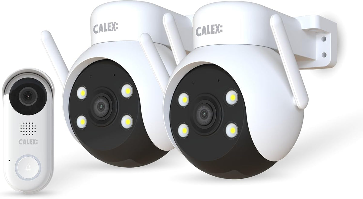 CALEX Smart Security kit de démarrage extérieur, 2 caméra extérieure PTZ 2K + Sonnette vidéo avec Audio bidirectionnel, Full HD