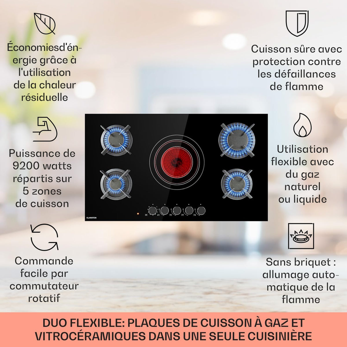 Klarstein Plaque de Cuisson Mixte Gaz et Vitrocéramique 5 Feux, Table de Cuisson Vitro de 9.2 kW en Acier Inoxydable