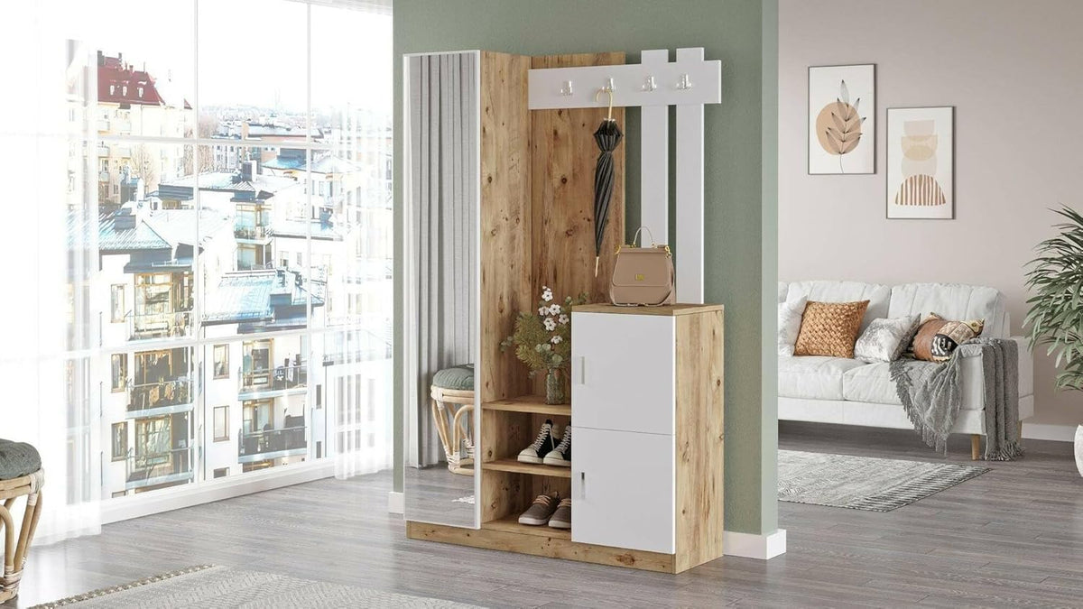 Dmora - Meuble d'entrée Australis, Crochet d'entrée, Composition pour l'atrium, Console de Rangement Multifonction, 114x38h180 cm, Chêne et Blanc