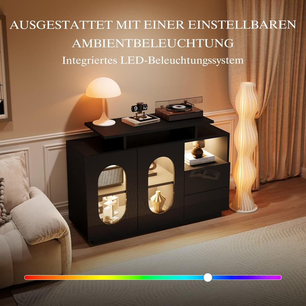 KOMHTOM LED Commode, Buffet en Bois, Armoire de Rangement, Espace Multi-Partitionné, Vitrine Moderne pour Salon, Salle à Manger et Couloir Noir-F